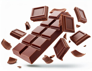 Fototapeta premium Milk chocolate bars floating with pieces, on white background. Flying dark chocolate pieces, isolated