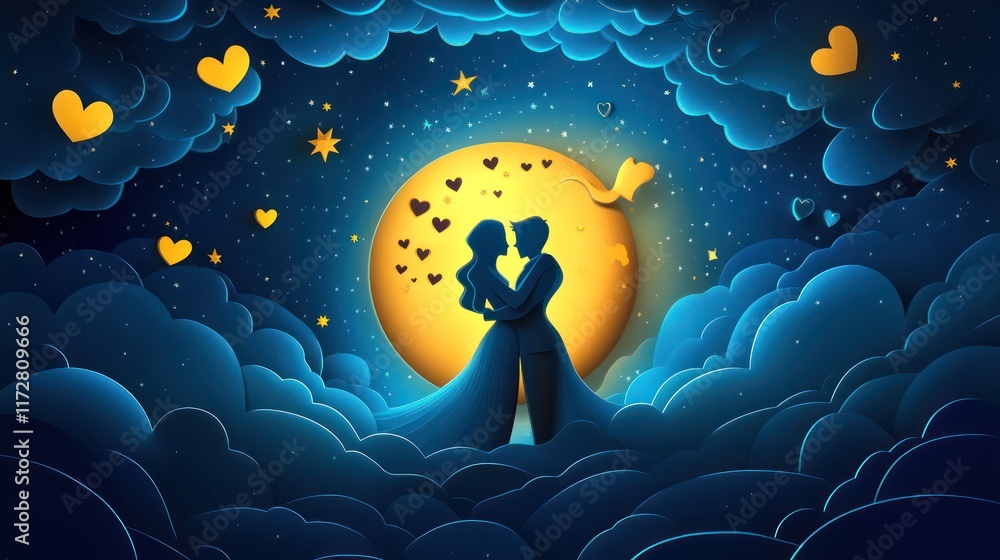 Sticker Moonlit Romance: A couple embracing under a moon and stars shaped like hearts. paper cut Art Style 3d background 