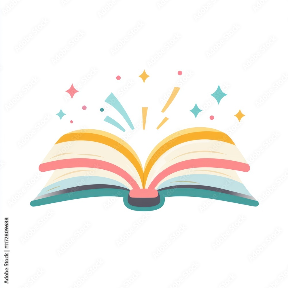 Poster open book with colorful magical sparkles emanating from its pages
