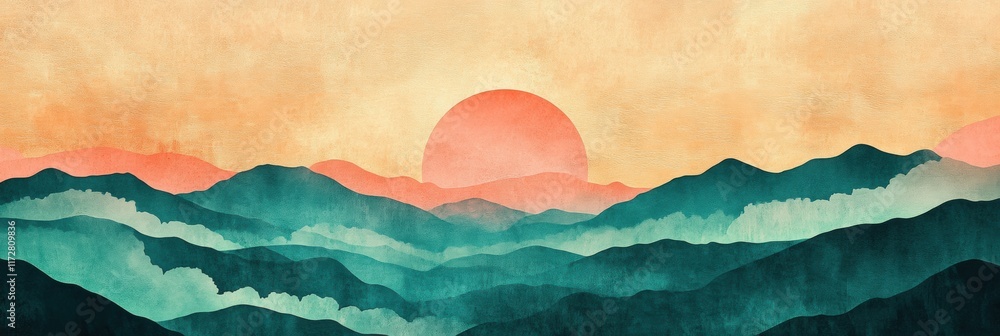 Poster stunning sunset over layered mountains in retro risograph style with vibrant colors and gentle hills