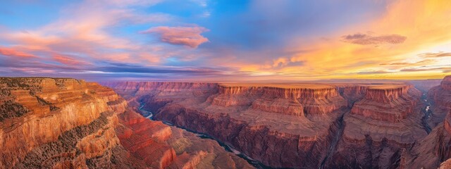 An epic aerial perspective of the Grand Canyon, USA, with the Colorado River winding through layered rock formations at sunset