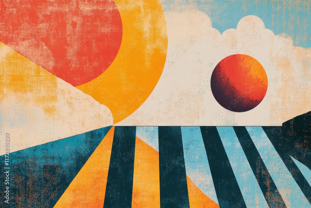 Aufkleber Bright sun and vivid red planet over abstract landscape in retro risograph style. Generative AI