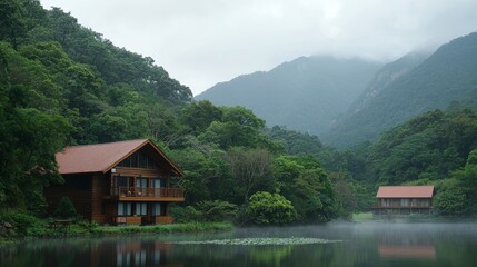 Fototapeta premium Cozy Lakeside Cabin Surrounded by Lush Greenery and Misty Mountains