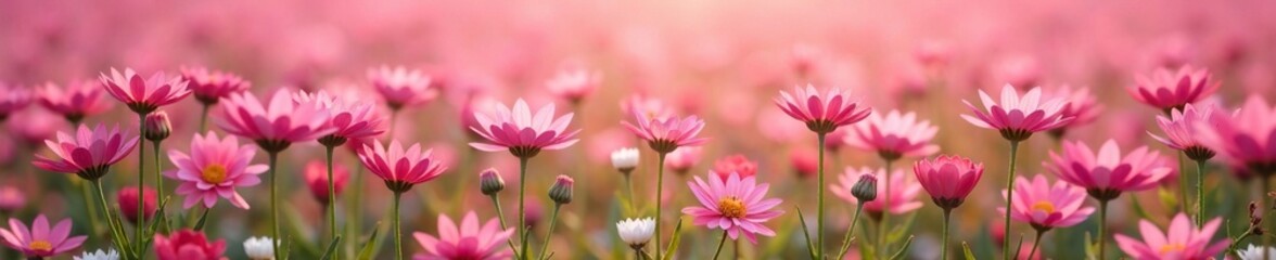 Obraz premium A field of pink flowers with a few green stems and white blooms, blooms, stems