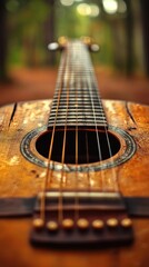 Fototapeta premium Rustic Acoustic Guitar in Forest Setting with Artistic Focus on Strings and Wood Texture