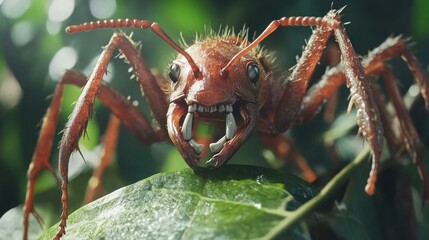 A menacing, large ant on a leaf,  with sharp mandibles and hairy body.