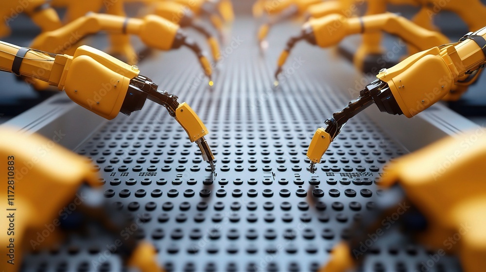 Poster advanced robotic arms collaborating on an assembly line process