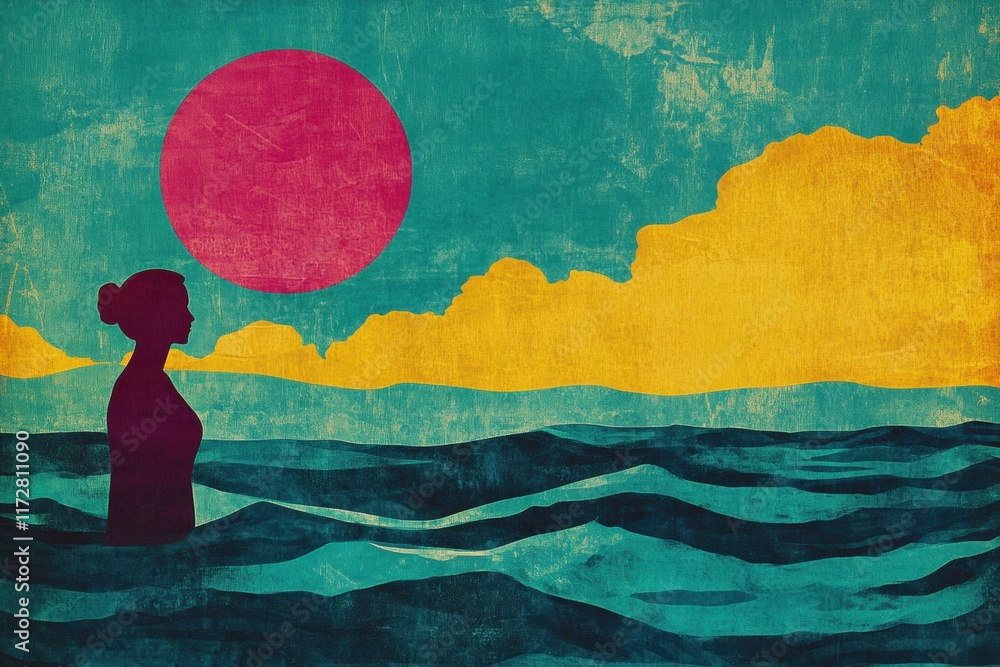 Poster sunset silhouette of a woman standing in vibrant ocean waves with colorful sky in retro risograph st