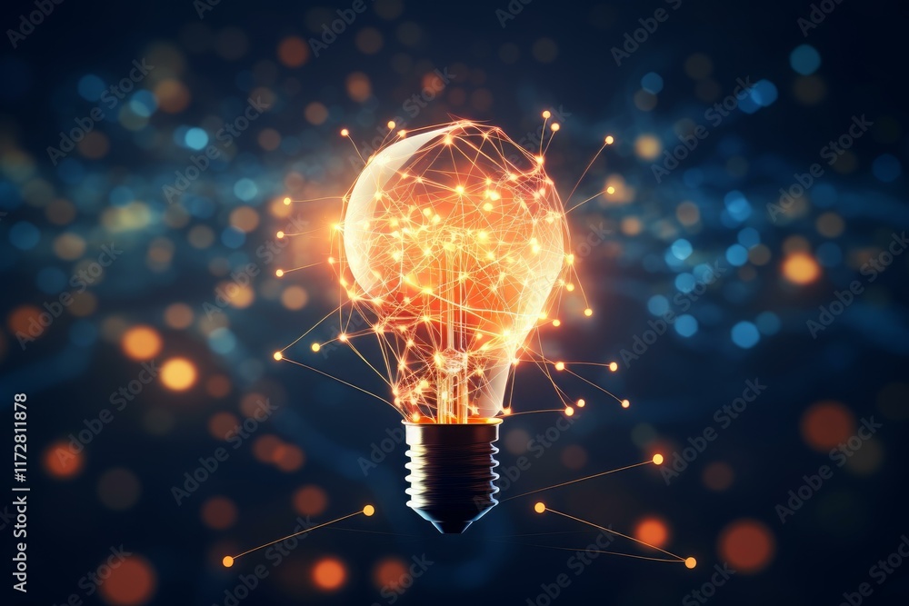 Poster glowing light bulb with connecting lines symbolizing global network, innovation, and future technolo