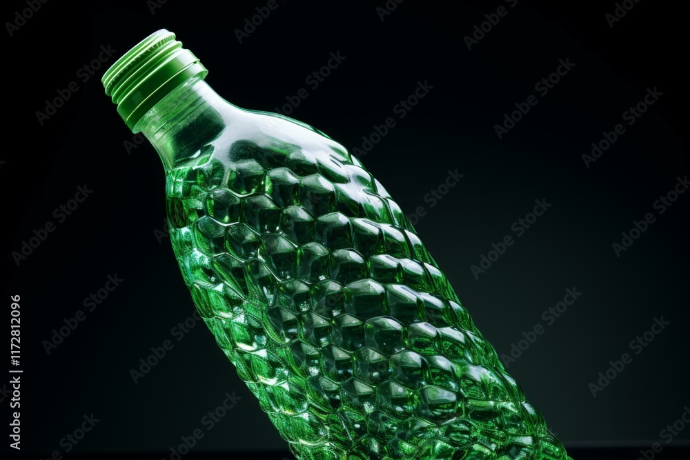 Poster empty green glass bottle with unusual textured surface lying on a dark background, creating an inter