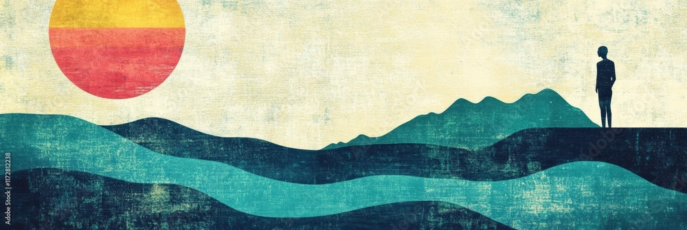 Aufkleber sunset over rolling hills with a silhouetted figure in retro risograph style landscape. generative a