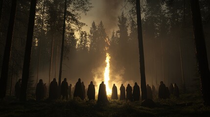 Massive Ritualistic Bonfire Illuminating a Mysterious Night Gathering