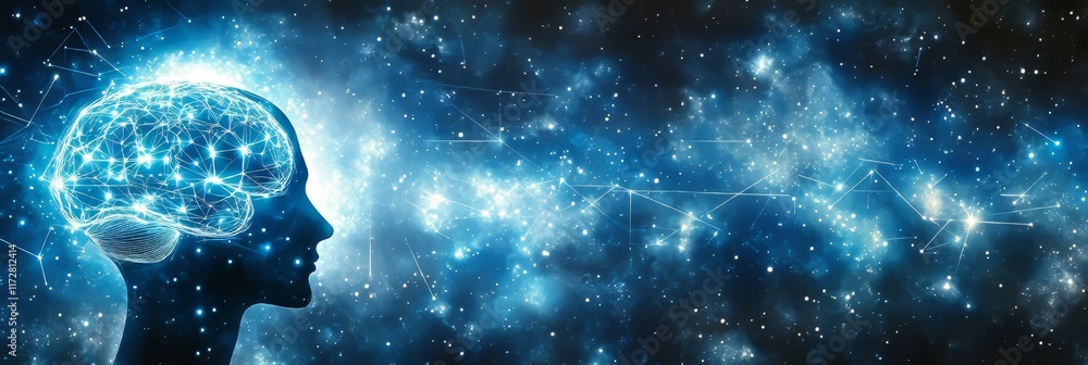 Poster neural network of a glowing human brain against the illuminated deep blue backdrop of outer space