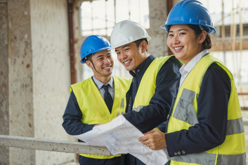 Three construction Asian workers are smiling and holding blue and yellow safety vests