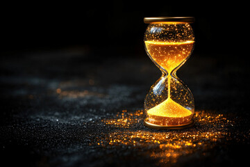 Gold hourglass with flowing sand on dark glitter background