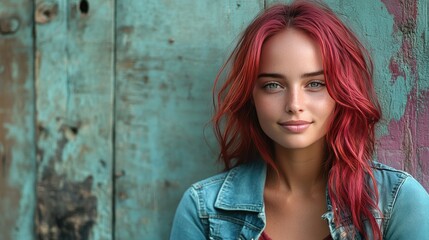 Fototapeta premium Portrait of a Young Woman with Red Hair Against Rustic Wooden Background
