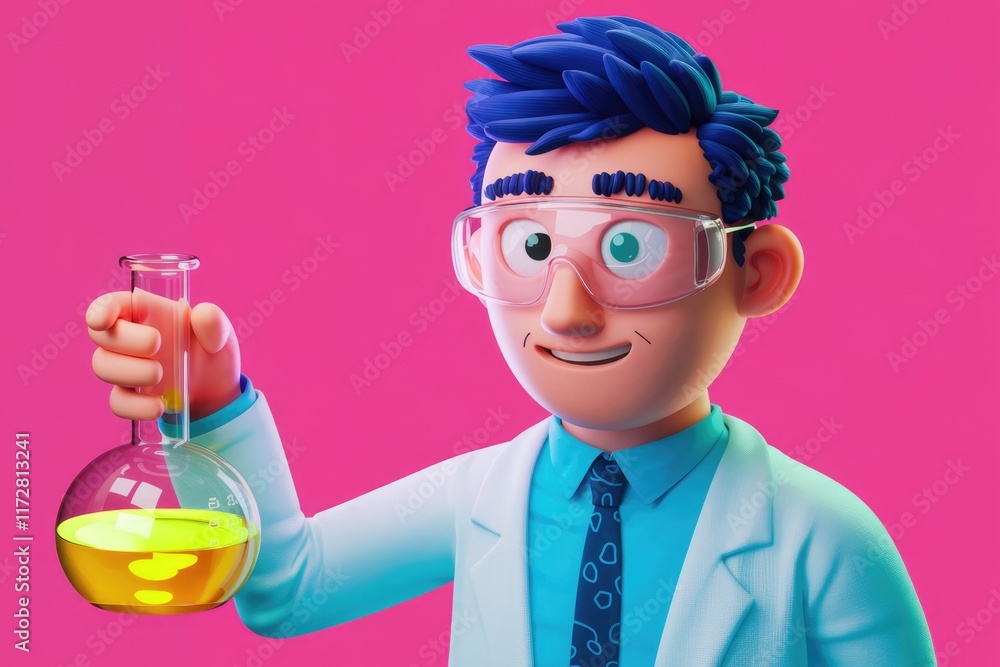 Aufkleber a cartoon scientist in a lab coat holds a flask with yellow liquid.