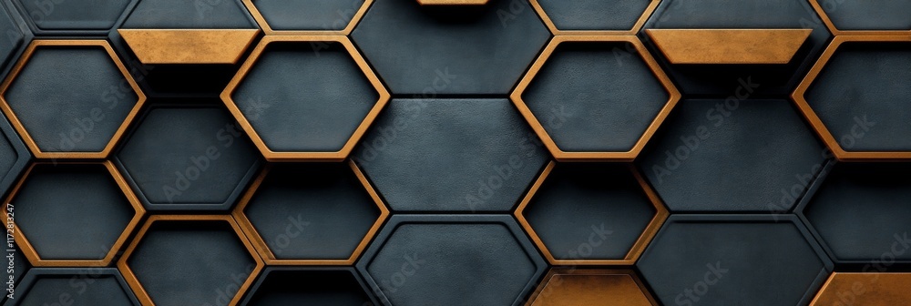 Poster abstract geometric background with dark gray hexagonal tiles and golden edges, 3d rendering