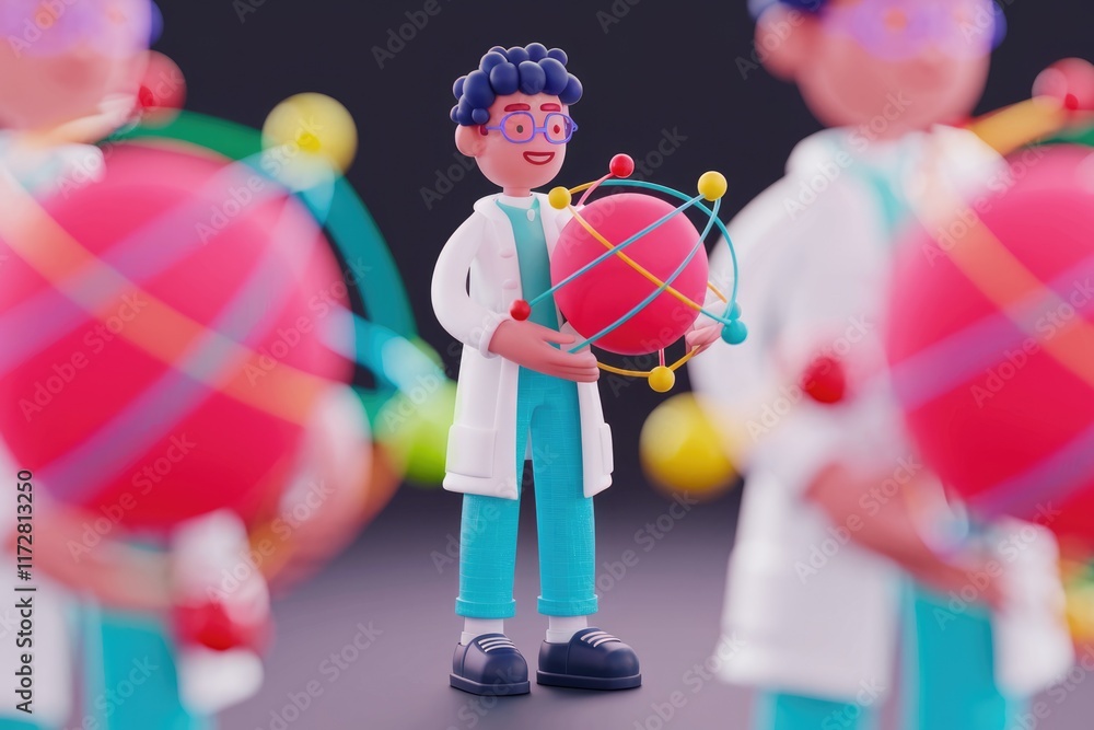 Poster a cartoon scientist holds a model of an atom surrounded by other scientists.