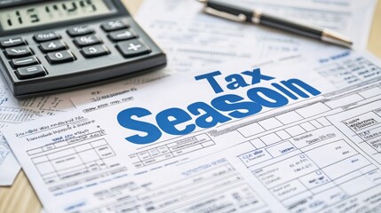 Fototapeta premium Tax Season Preparation with Calculator and Financial Documents on Table, Emphasizing Time for Filing and Managing Personal Finances and Obligations