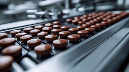 Pharmaceutical Manufacturing Process with Rows of Pills on Conveyor in Modern Facility