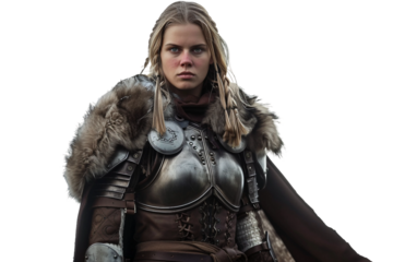 Historic female Viking warrior in fur-adorned leather armor isolated on transparent background
