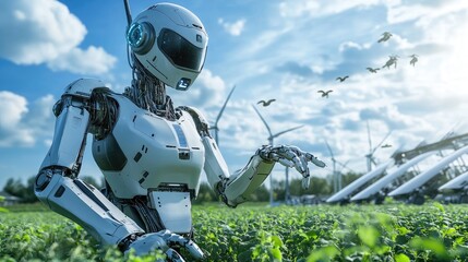 Fototapeta premium Futuristic Robot in Renewable Energy Landscape with Wind Turbines