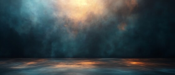 Dark moody background with smoky texture and glowing light.