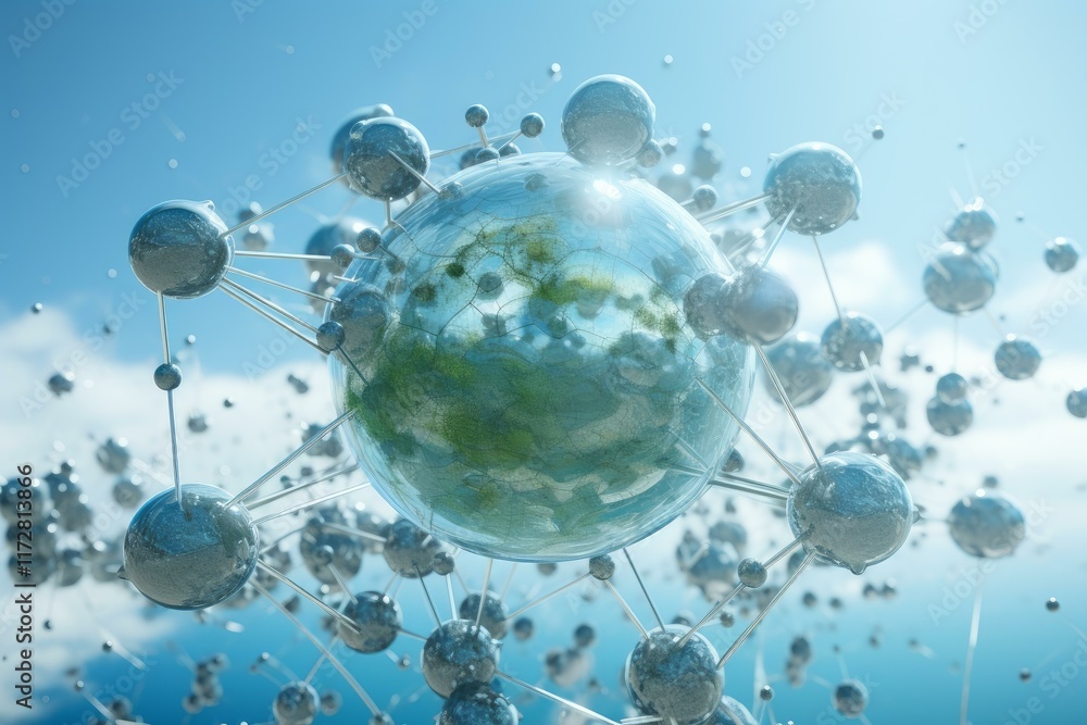 Poster metallic molecular structure surrounding planet earth, symbolizing global network and interconnected