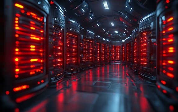 Futuristic server room with glowing racks.