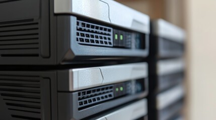 Obraz premium Close-Up of Modern Data Center Server Racks with LED Indicators