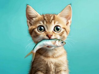 cat bites a fish in its mouth, solid color background