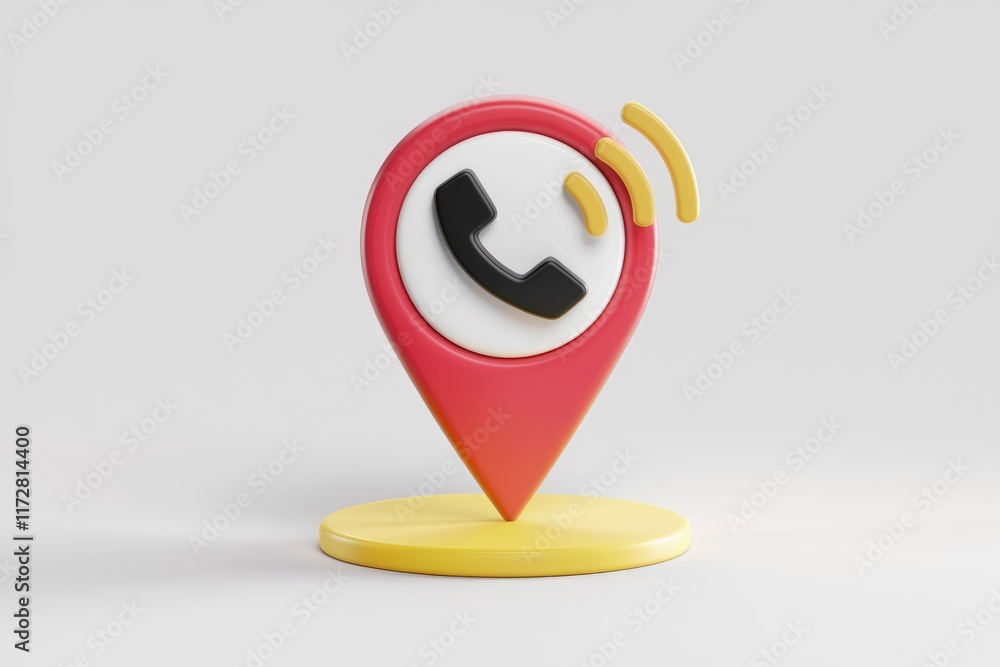 Leinwandbilder a 3d rendering of a red location pin with a black phone icon and yellow signal waves.