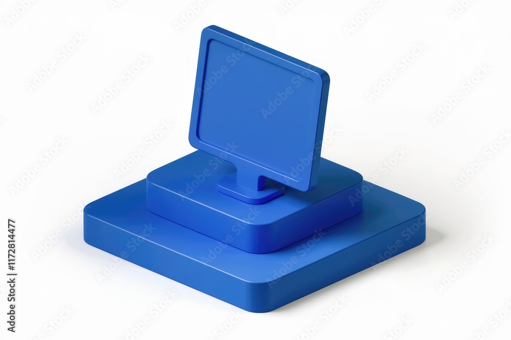 Poster a 3d rendering of a blue computer monitor on a pedestal.
