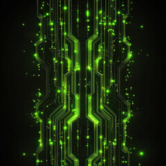 Glowing green circuit board data flow on dark background for tech visuals