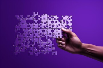 Hand holding a partially completed purple puzzle, symbolizing problem solving, strategy, and teamwork on a vibrant purple background