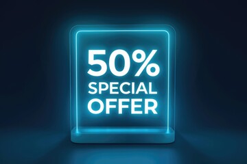 Neon sign with 50% off special offer text.