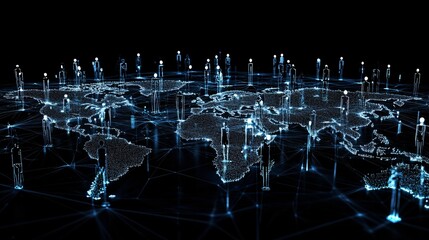 Futuristic digital world map with glowing holographic figures representing global connectivity.