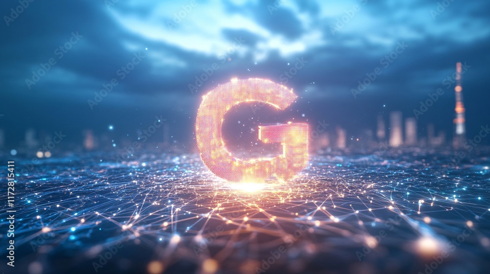 Poster a glowing 3d representation of the letter 'g' amidst a network of interconnected dots and lines, sym