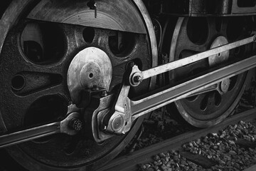 Drive rod, Eccentric Crank, Old steam train wheel mechanical parts. Vintage locomotive rail wheel