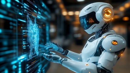 Futuristic robot interacting with holographic data.