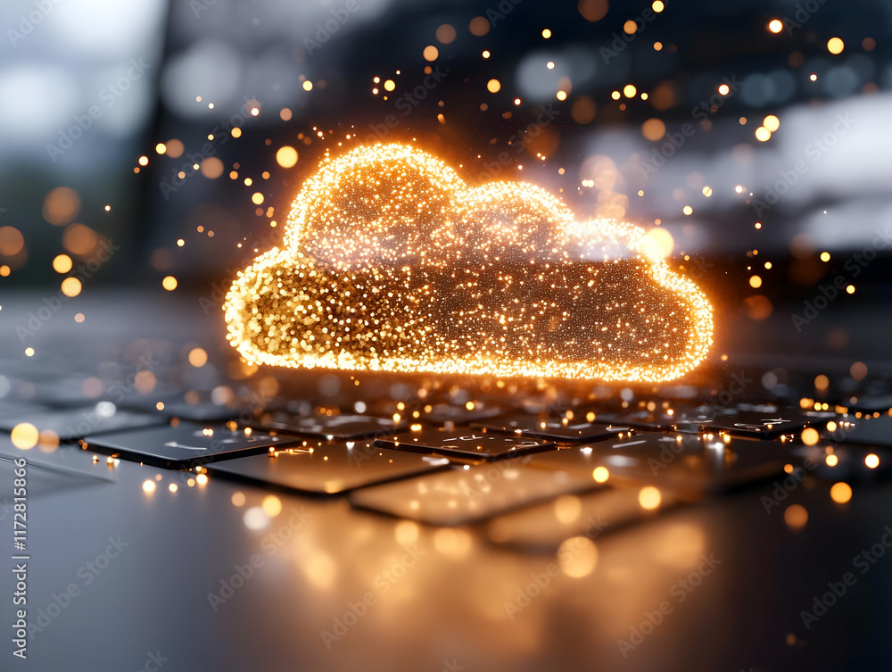 Poster glowing cloud computing symbol above laptop keyboard; digital transformation, data storage, online t