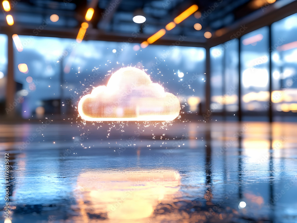 Poster glowing cloud computing symbol floats above reflective floor in modern office building at dusk; idea