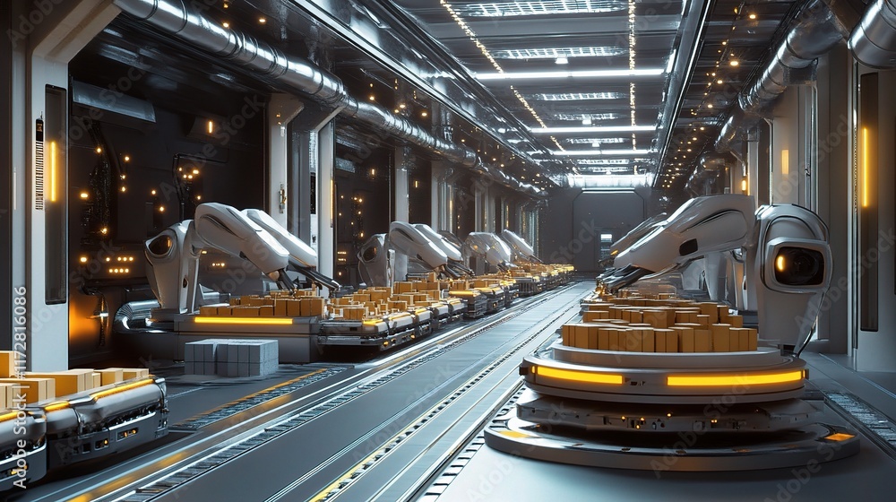Poster futuristic 3d rendering of robots sorting packages in warehouse