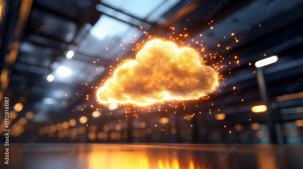 Poster glowing cloud computing symbol in futuristic city; data storage, network, technology concept; suitab