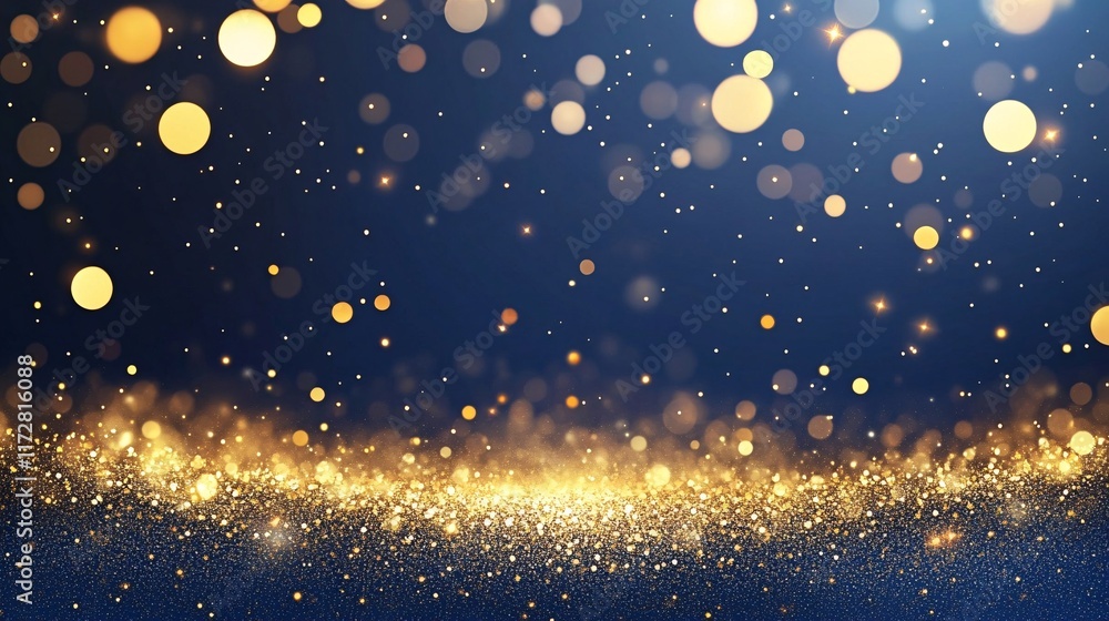 Poster a mesmerizing display of golden bokeh lights against a deep blue background, creating a festive and 
