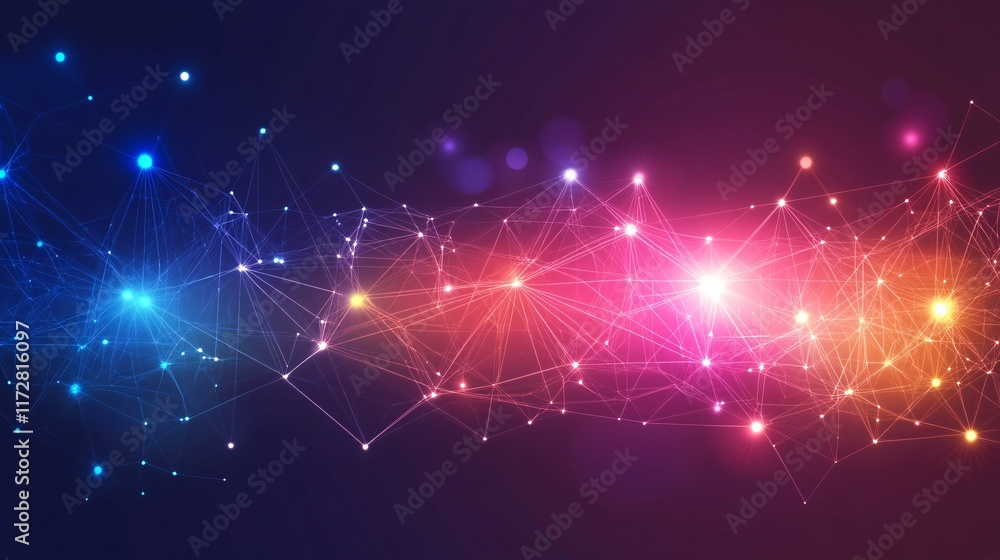 Poster a vibrant, abstract representation of interconnected nodes and luminous points, showcasing a network