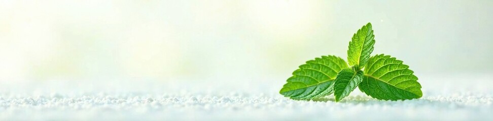 Fototapeta premium Fresh mint leaf on snowy white background, with delicate veins and subtle texture, mint, nature, leaf