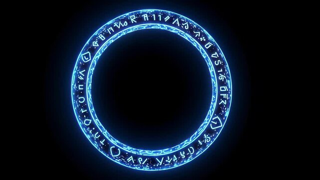 Electric blue energy plasma ring with runes magical symbols, frame Portal with glowing lightning isolated on black background, overlay transparent alpha VFX