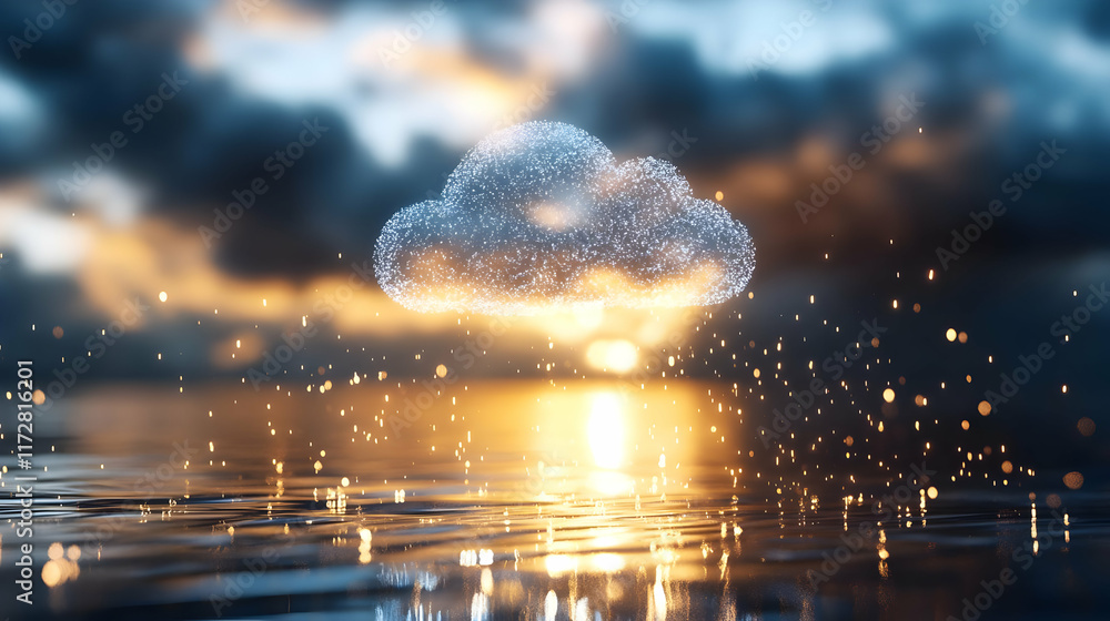 Poster sparkling cloud computing sunset over calm water; digital data concept, ideal for technology website